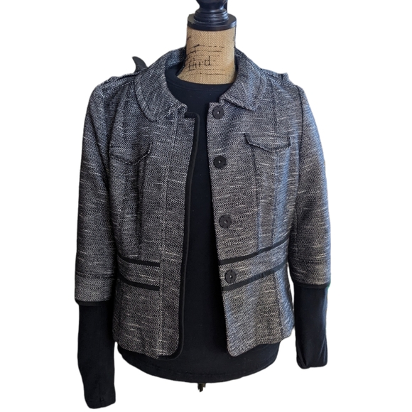 14P Black White Tweed Fitted Blazer 3/4 Sleeve Contrast Trim Abstract Stripe - Picture 13 of 13